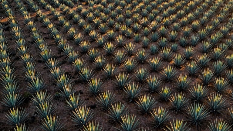 Wide aerial shot of vast, sun-drenched agave fields in the Mexican highlands at golden hour. The landscape is a mix of dusty earth and vibrant green agave plants. Mexican / Latin American region.