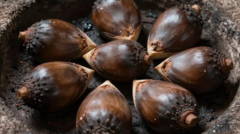 A close-up of artisanal agave hearts, or pi1as, being traditionaly cooked in a stone pit, with soft light and deep bronze shadows. Mexican / Latin American craftsmanship.