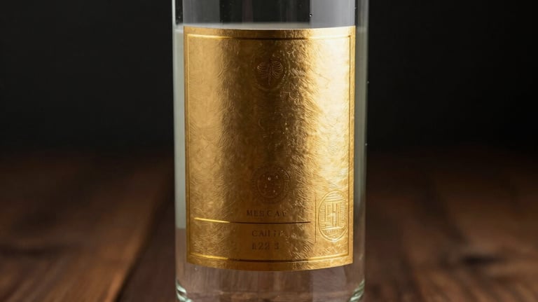 A sleek, minimalist mezcal bottle with a heavy glass base, featuring an elegant gold foil label. The bottle is placed on a dark brown wooden surface with soft antique gold lighting.