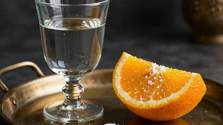 A refined still life of a mezcal glass next to an orange slice dusted with worm salt, placed on a bronze tray. Dark, luxurious Mexican / Latin American interior.