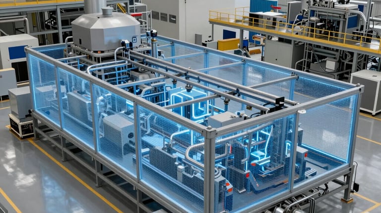 Industrial control room simulation with multiple screens showing plant operations