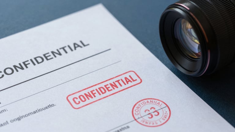 A close-up of professional business documents with 'CONFIDENTIAL' stamps and security seals on a dark slate blue surface.