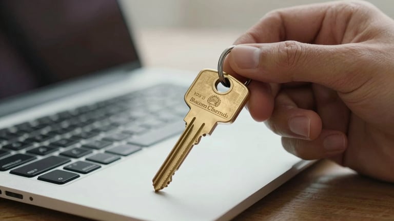 A close-up of a hand holding a gold security key near a laptop, symbolizing digital access and protection in a corporate setting.