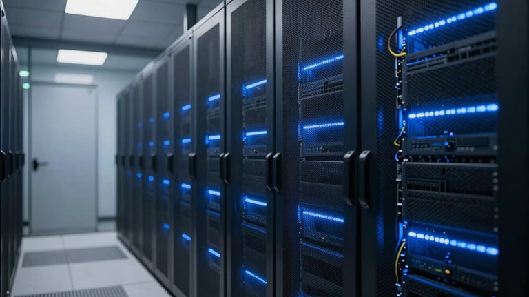 A sleek, modern hallway with server cabinets and blue LED lighting, representing a secure data center environment.