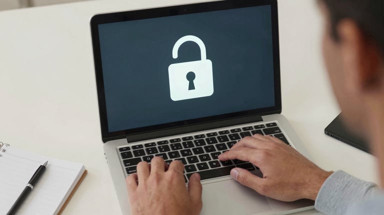 An aerial view of a person using a laptop with a secure padlock icon displayed on the screen, surrounded by light off-white office supplies.