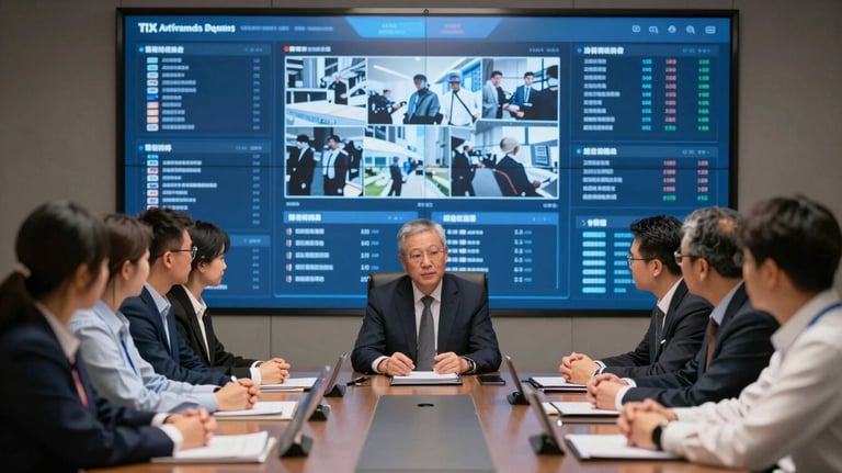 A professional team meeting around a conference table with a large screen displaying security dashboard data in shades of blue.