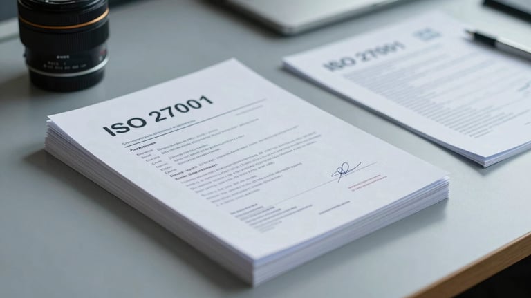 A neat stack of professional certification documents and an ISO 27001 manual on a clean blue-grey desk surface.