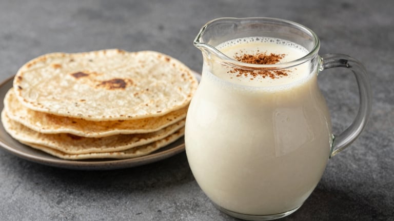 A frosted pitcher of creamy Horchata with a sprinkle of cinnamon on top, placed next to handmade tortillas in a North American / Mexican setting.