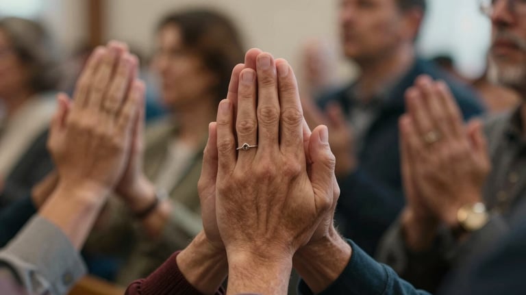 A close-up of hands held together in prayer during a communal service in a North American / US church, emphasizing warmth, tradition, and community spirit.