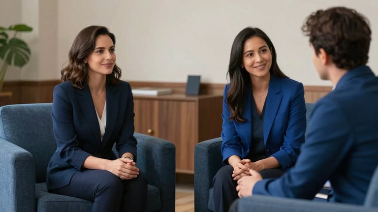 Two individuals seated in a professional yet warm counseling office in North American / US, with soft lighting and comfortable seating in shades of royal blue.
