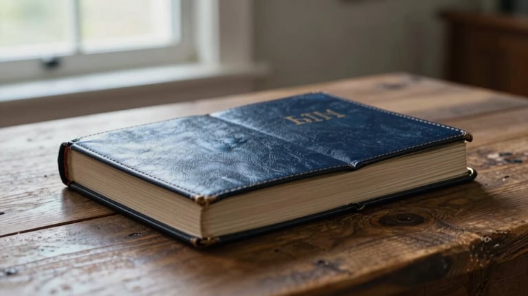 An open leather-bound Bible resting on a rustic wooden table in a chapel, soft light filtering through a window, North American / US style, colors include midnight navy and soft sky blue.