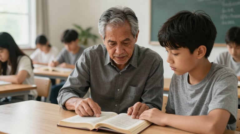 A mentor guiding a younger student through a biblical text in a bright, modern North American / US study hall, focusing on tradition and mentorship.