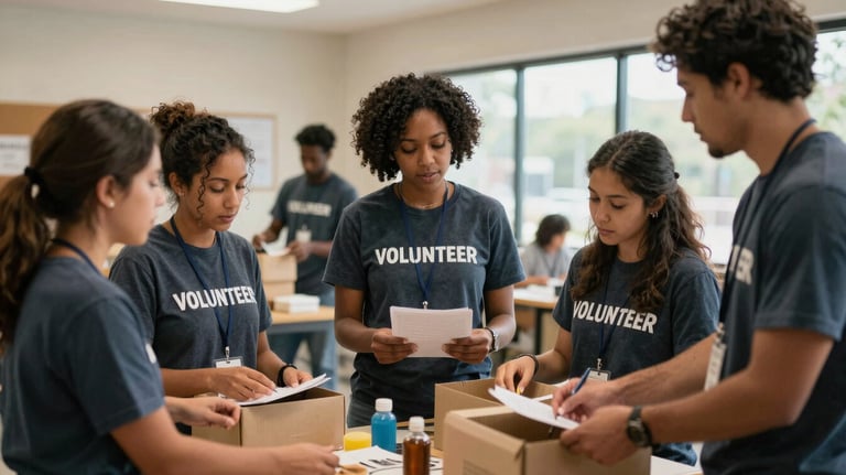A group of people volunteering at a local community center in North American / US, capturing the spirit of service and compassionate Christian leadership.