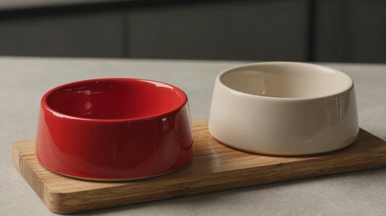 A pair of ergonomic ceramic cat bowls, one intense crimson red and one beige, on a minimalist wooden stand. Professional product photography.