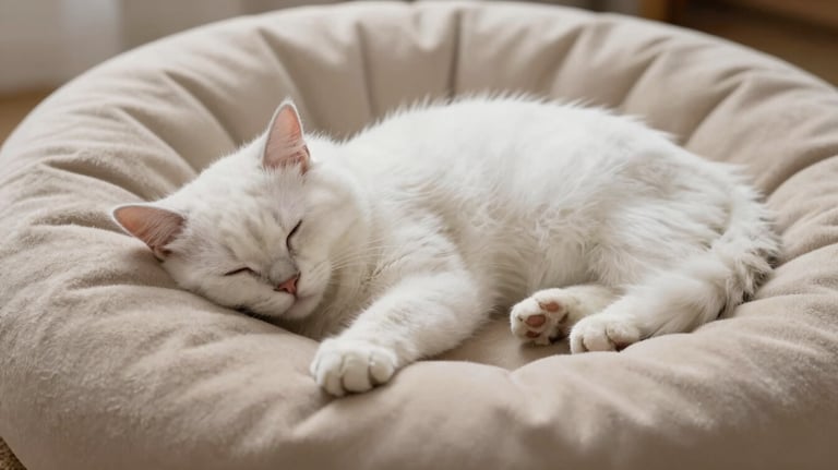 Close-up photography of a fluffy white cat sleeping soundly on a plush, round beige bed. The texture of the bed looks soft and inviting.