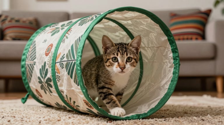 A playful kitten peeking out of a patterned fabric tunnel. The tunnel has forest green accents, and the background is a cozy living room with Latin American decor.