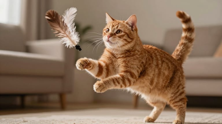 An action shot of a ginger cat jumping to catch a feather toy. Dynamic composition, blurred home background with warm beige tones.