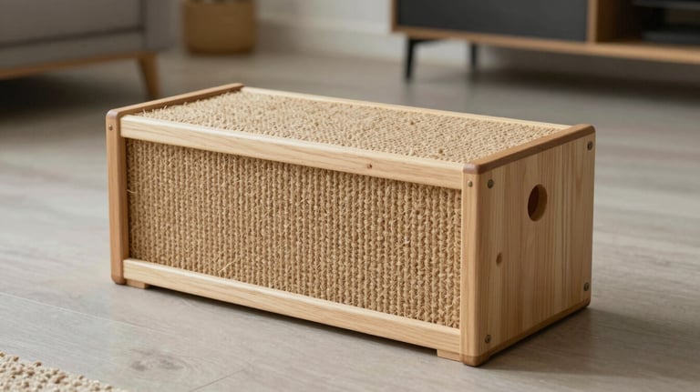 Detailed photography of a modern, minimalist cat scratcher made of light wood and natural jute fiber, placed on a clean floor in a stylish apartment.