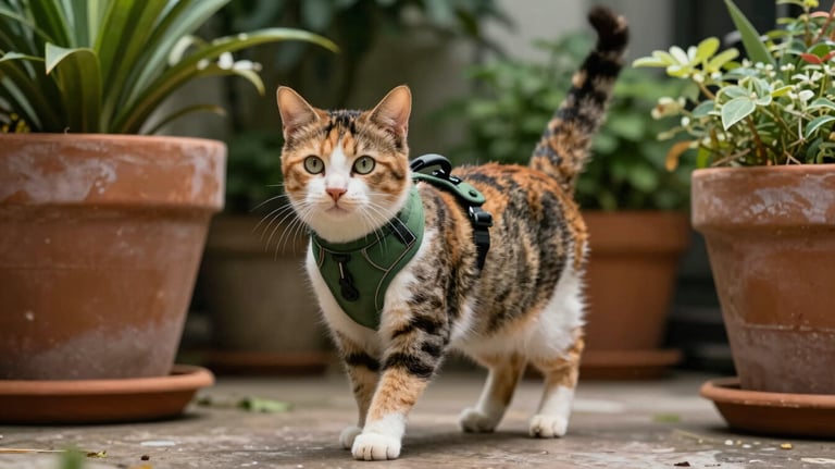 A medium shot of a calico cat wearing a forest green harness, exploring a lush patio with green plants in large terracotta pots.