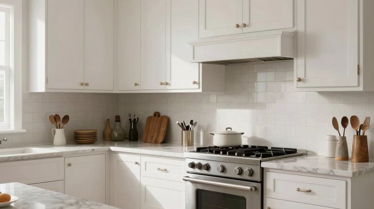 A bright and elegant kitchen with white cabinetry and marble countertops, professional architectural photography, clean and inviting North American home interior.