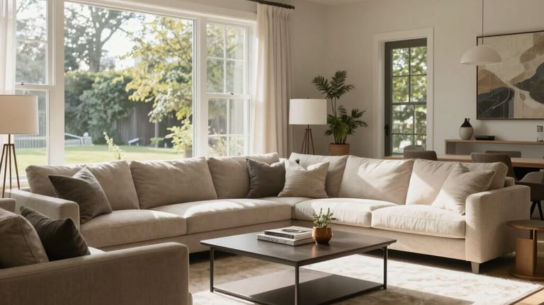 An airy and spacious contemporary living room with soft beige and taupe furniture, large windows letting in natural sunlight, professional North American home staging.