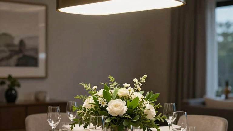 A beautifully decorated dining area with a modern light fixture, elegant table setting, and fresh greenery, professional real estate photography style.