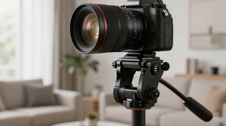 A high-end professional camera on a tripod positioned in a bright, modern living room, representing professional real estate photography services.