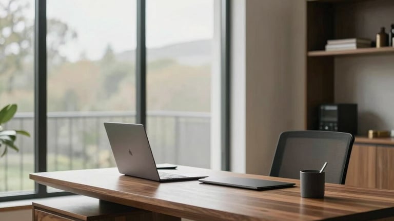 A modern home office with a sleek wooden desk and large window, bright and professional atmosphere, North American residential setting.