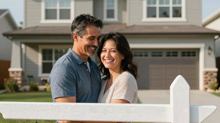 A happy North American couple, in their late 30s to early 40s, smiling warmly and embracing in front of a newly sold, modern single-family home. A 'Sold' sign is partially visible in the foreground. The composition uses the rule of thirds, with the couple slightly to the left, and the elegant, well-maintained house filling the background. Bright, natural daylight creates a warm and inviting atmosphere. Professional, modern photography style.