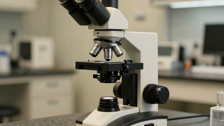 A high-end diagnostic lab microscope sitting on a polished slate desk in a modern North American laboratory, clean and advanced scientific aesthetic, lit in soft gold.