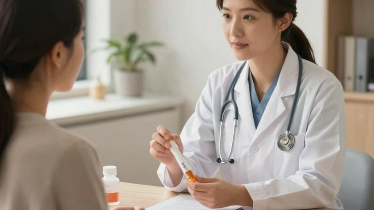 An elegant wellness consultation session in North America, showing a compassionate clinical specialist discussing biomarkers with an active patient in a bright, modern, warm-toned office.