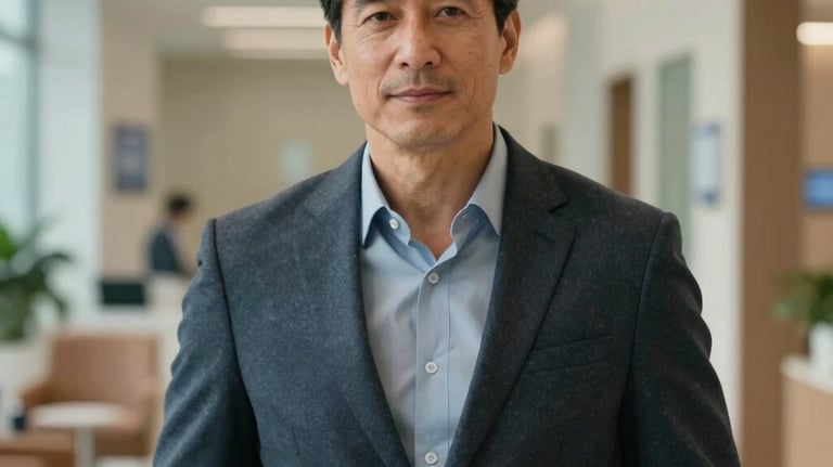 A portrait of a confident mid-aged North American man in smart-casual wear, looking vibrant and healthy inside a modern medical lobby, showcasing renewed masculine health and vigor.