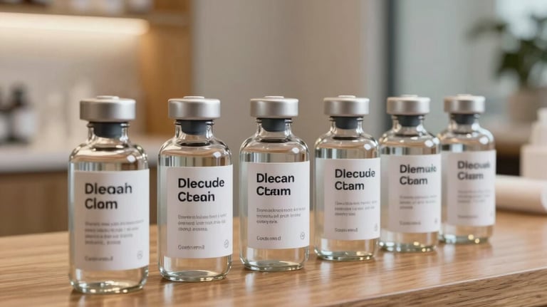 Clean modern medical glass bottles labeled for personalized clinical wellness plans, placed neatly on a polished wood counter in a high-end wellness facility.