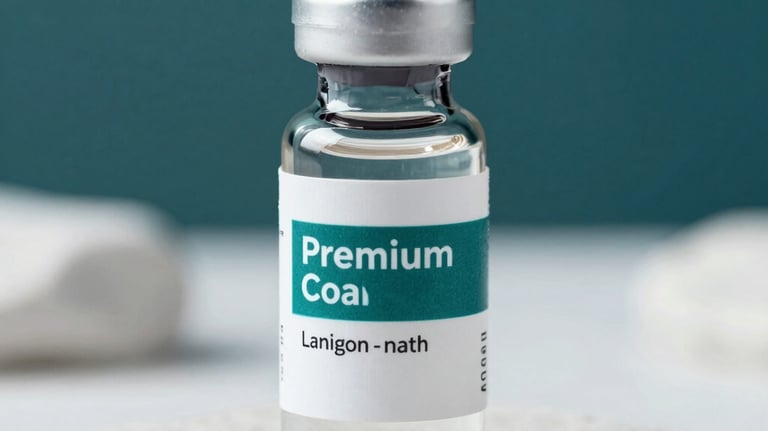 A premium close-up of a clinical-grade medical vial of weight-loss medication sitting on a white stone background, clean modern branding with deep teal colors, highly professional.