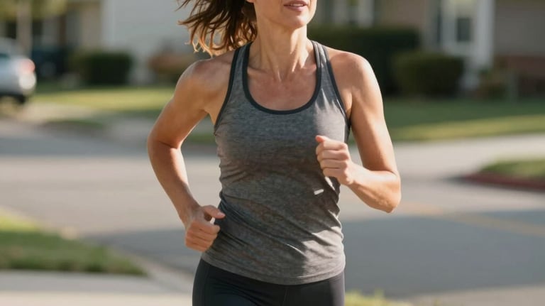 A lifestyle portrait of a vibrant, healthy woman in her late 40s jogging outdoors in a sunny North American neighborhood, expressing life-enhancing personal vitality and physical fitness.