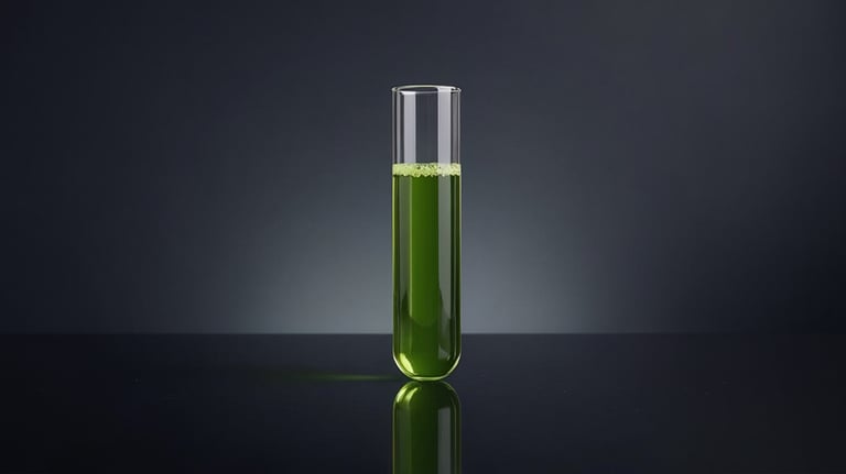Vehnänorasmehulla täytetty laboratoriokoeputki tummalla heijastavalla pinnalla.