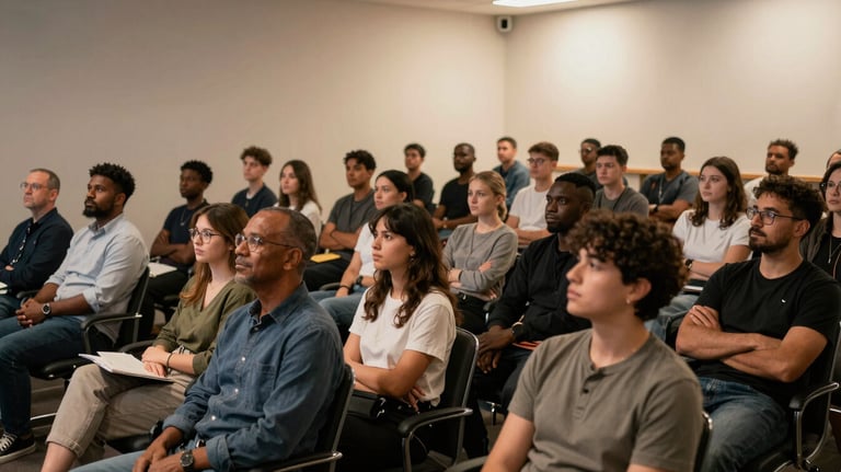 A wide shot of a diverse group of people sitting in an auditorium, attentively listening to a speaker, with a warm off-white light illuminating the space.