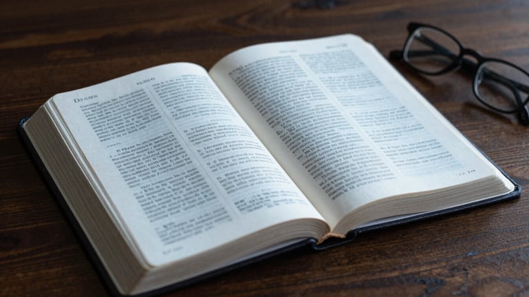 A close-up photograph of an open Bible on a dark wooden table, with light grey-blue light catching the edges of the pages and a pair of spectacles resting beside it.