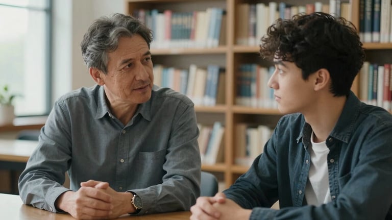 A candid shot of a mentor and a young leader in deep conversation in a quiet library, with soft light grey-blue tones and a sense of peaceful, purposeful wisdom.