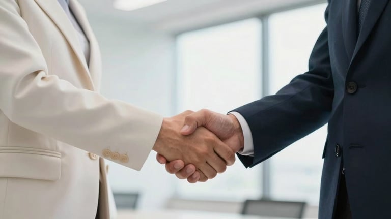 A focused shot of two professionals shaking hands in a bright, modern corporate setting, featuring a palette of off-white and dark navy, symbolizing Kingdom entrepreneurship and collaboration.