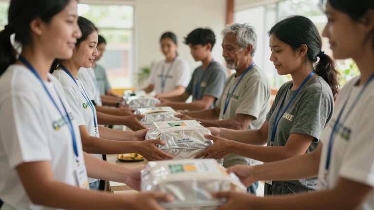 A documentary-style photo showing a group of volunteers handing out supplies to people in a community setting, with soft natural light and a mood of hope and compassion.