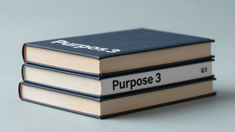 A high-quality photo of a stack of books with clean, professional covers, including one with 'Purpose' clearly visible, set against a light grey-blue background.