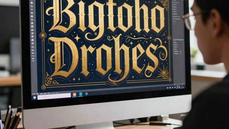 A professional graphic designer in a creative studio working on an intricate book cover design. High-end computer monitor displaying gold and dark navy typography. Southeast Asian / Indonesian context.
