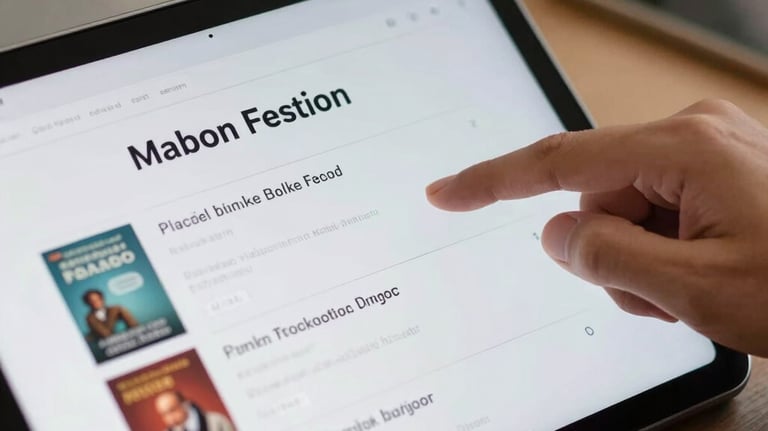 An elegant close-up of a high-resolution tablet screen displaying a digital book catalog with clean typography. A person's hand is visible scrolling. Southeast Asian / Indonesian professional office setting.