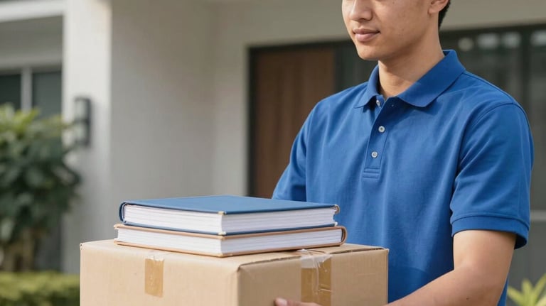 A professional courier delivering a neatly wrapped package of books in a clean, modern Southeast Asian / Indonesian residential area. The focus is on the quality of service and the product.