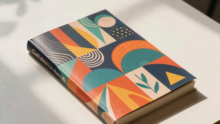 Photography of a vibrant novel cover featuring modern artistic patterns, lying on a minimalist off-white table in a Southeast Asian / Indonesian cafe. Soft morning sunlight creates gentle shadows.