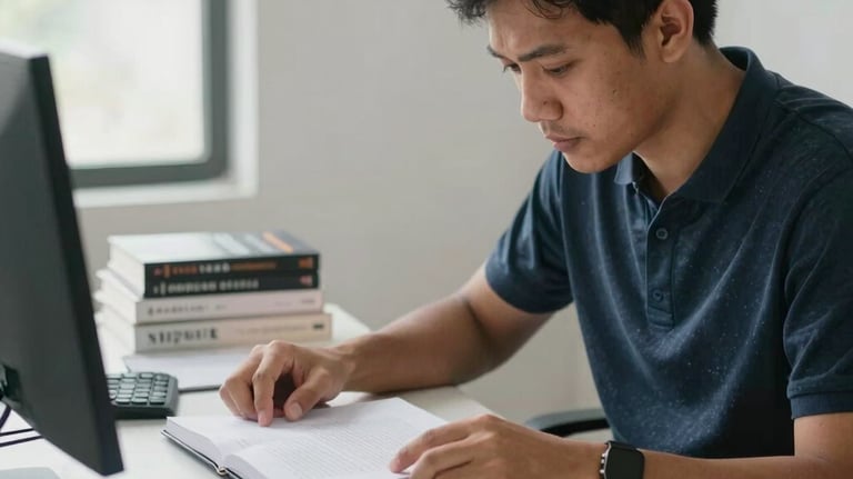 A professional Indonesian editor working on a book manuscript in a light-filled, minimalist office. Several published books are visible on the desk. High-quality photography with soft focus.