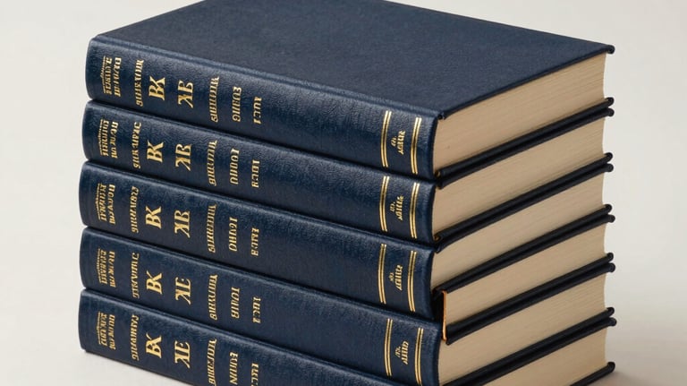 A professional studio photograph of a stack of elegant hardcover non-fiction books. The covers have gold foil lettering. Clean, bright off-white background with professional lighting.