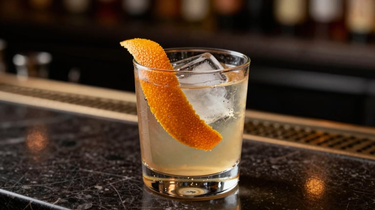 A sophisticated 'Old Fashioned' cocktail with a large ice cube and orange peel, resting on a dark marble bar counter.