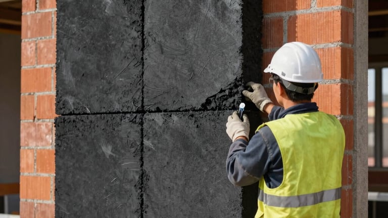 A worker wearing safety gear installing high-performance anthracite insulation panels on a brick wall. Central European construction site, daytime lighting, sharp focus on materials.